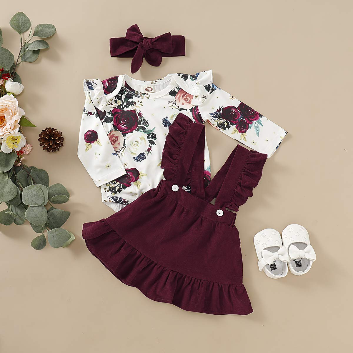 Ropa de bebé recién nacido de manga corta Trajes de volantes mameluco superior falda de tirantes para bebé 2 unids niña vestido general - rojo - 12 -18 meses