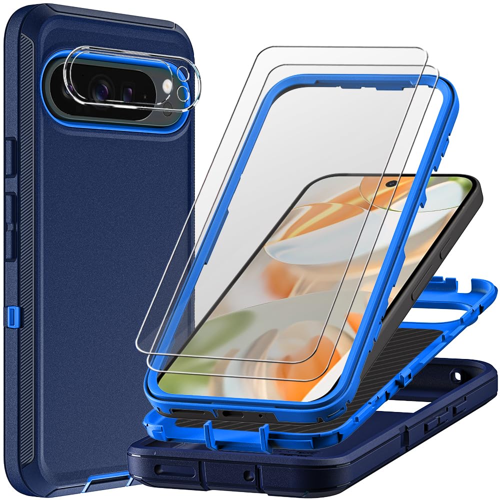 TFDSEUGH for Google Pixel 9 Pro Case with 2Pcs Tempered Glass Screen Protector and 1Pcs Camera Lens Protector, Military Grade 3 in 1 Heavy Duty