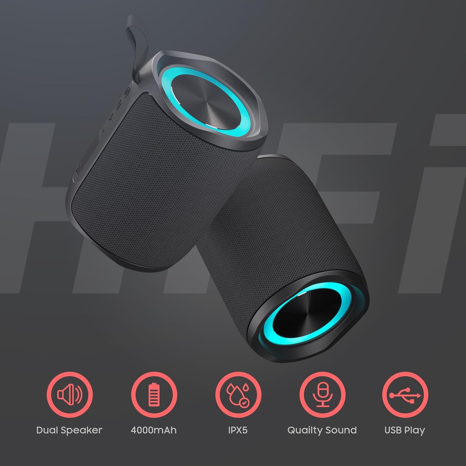 Bluetooth Speaker, Portable Wireless, IPX5 Waterproof Speaker, Bluetooth 5, RGB Color Lighting Loud Stereo Sound, Deep Bass, TWS Pairing, Suitable for Party, Home, Outdoor, Traveling - Image 3