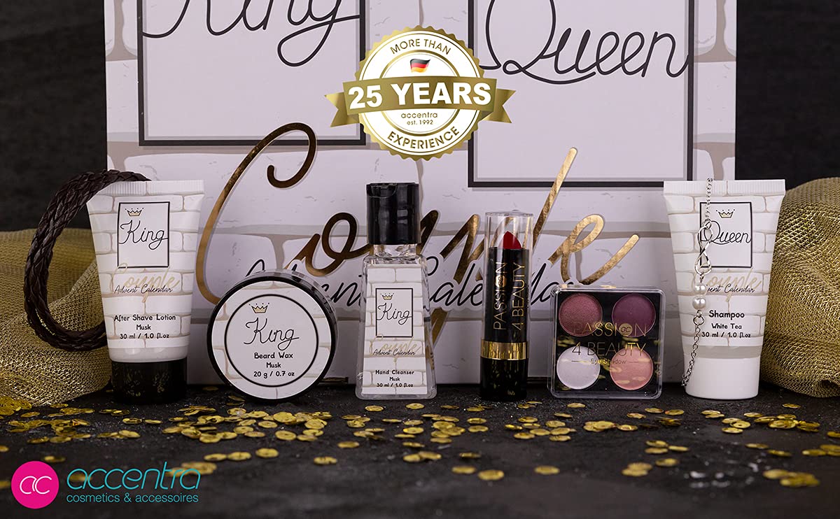 Accentra Beauty Calendrier de l'Avent King & Queen pour Couples Avec 24 Produits de Bain, de Soin du Corps & d'Accessoires Pour Une Période de l'Avent Variée et Choyante