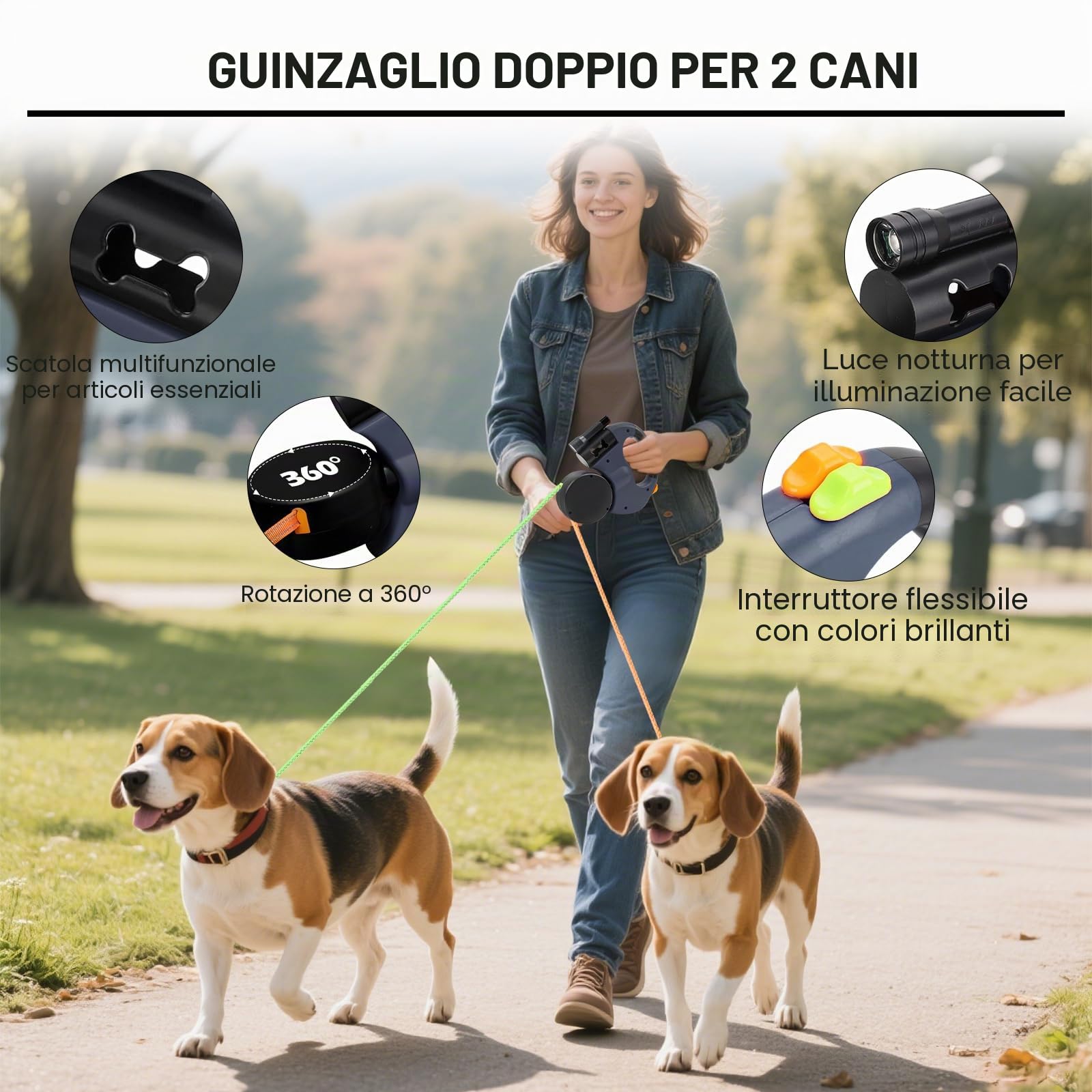 Guinzaglio per 2 cani, doppio guinzaglio con luce a LED, girevole a 360°, in nylon riflettente, regolabile, per cani piccoli e grandi, colore: blu