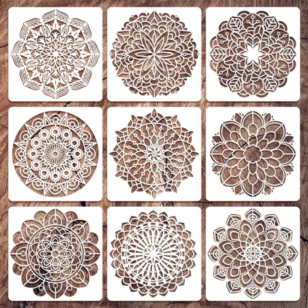 9 plantillas de mandala reutilizables de plástico para pintar, 12 x 12 pulgadas, kit de plantillas de dibujo de mandala grandes para pared, madera, suelo, lienzo, pintura, manualidades