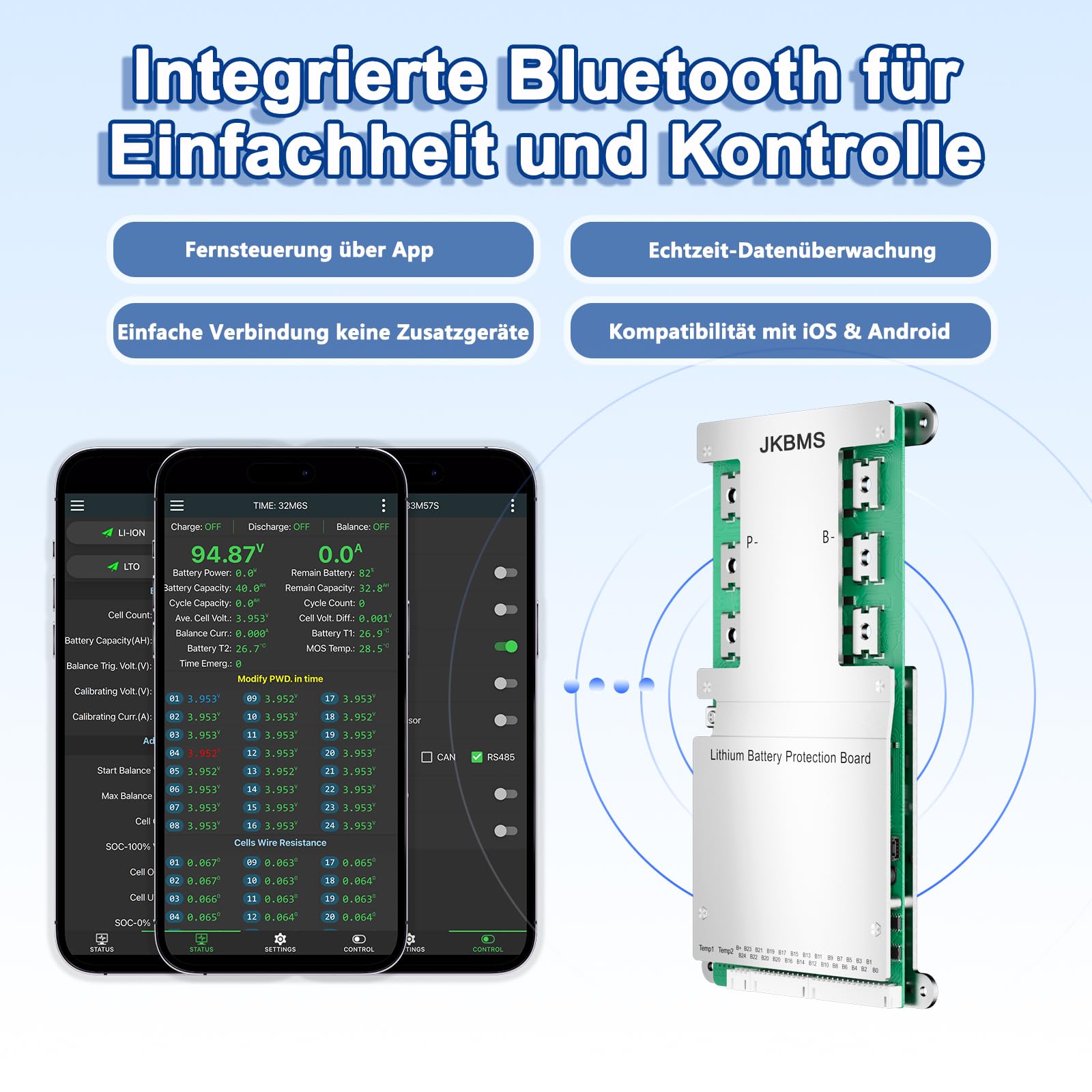 JKBMS Smart BMS con Heat Can RS485 8S-24S 24V-72V 300A 2A Activo Balance BMS con Placa de protección de batería Bluetooth para baterías de Litio LiFePO4 y LTO (JK-B2A24S30P-HC)