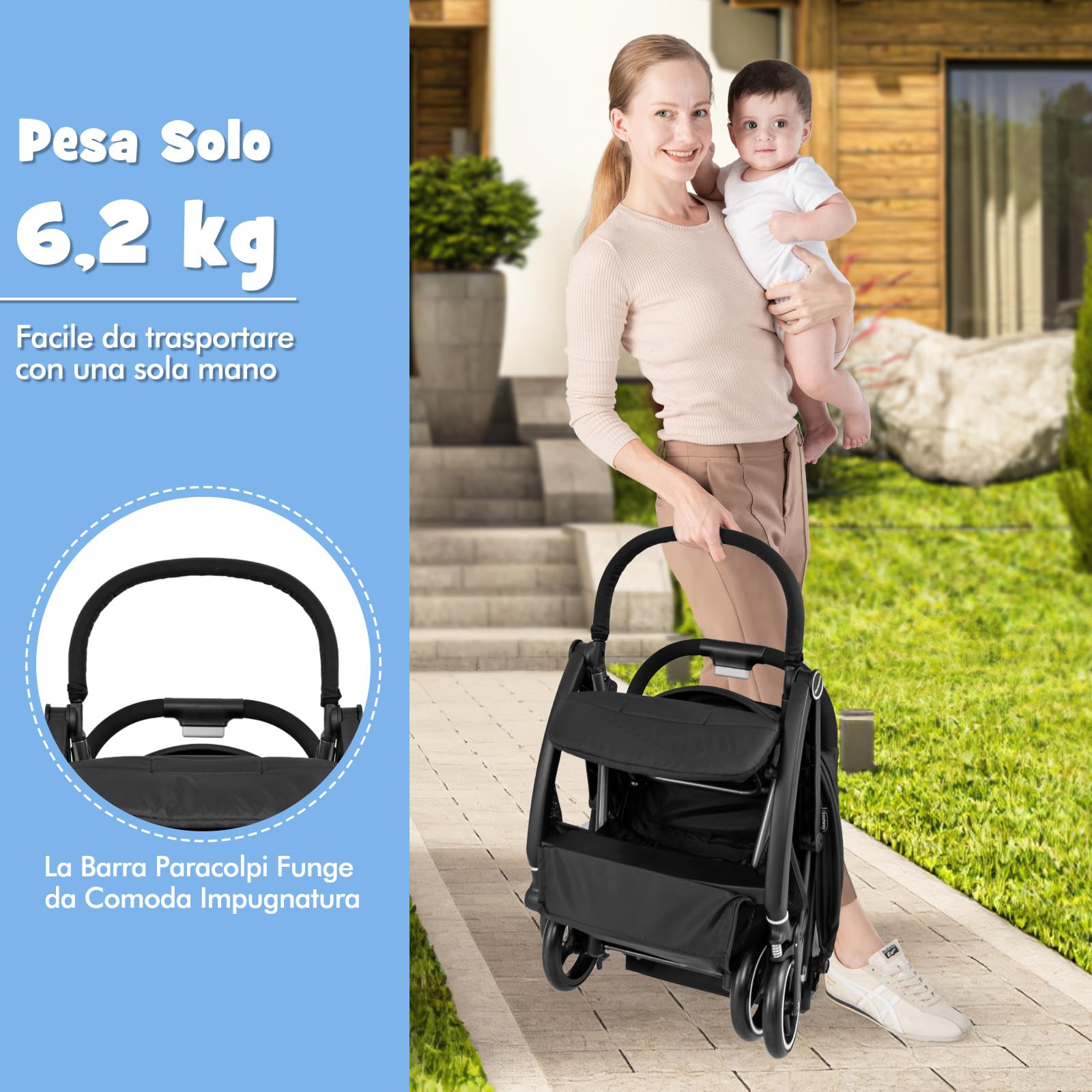 COSTWAY Passeggino Leggero per Bambini, Passeggino Pieghevole con Schienale Regolabile, Tettuccio, Cintura di Sicurezza a 5 Punti, Cestello Portaoggetti, per Bambini 0-36 Mesi (Nero)