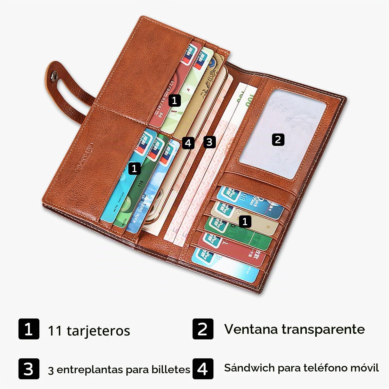 Cartera de Hombre Billetera Cuero Cartera con Protección RFID Tarjetero Monederos Larga Wallet con 12 Ranuras para Tarjetas Marrón