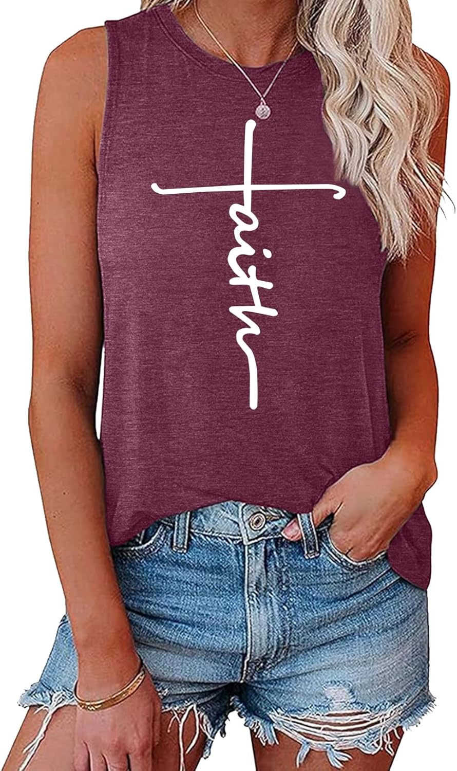 BLACKOO Women's Faith Crewneck Sleeveless Summer Casual Graphic Tank Tops