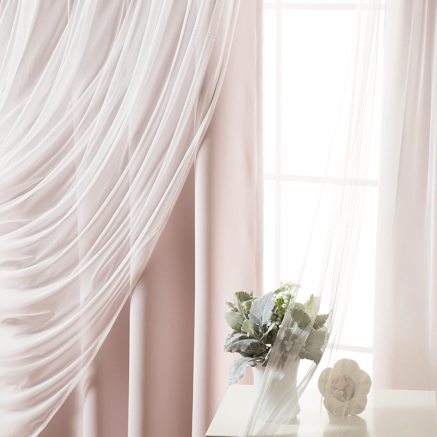 Best Home Fashion Mix & Match Tulle Sheer with Attached Valance & Solid Blackout Curtain Set (52" W x 84" L, Baby Pink)