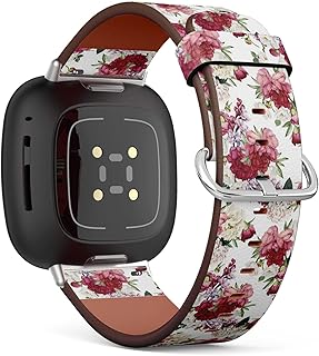 CJBROES Replacement Leather Watch Band, Compatible with Fitbit Versa 3 and Fitbit Sense of Wristband Bracelet Accessory - Floral Peonies Watercolor