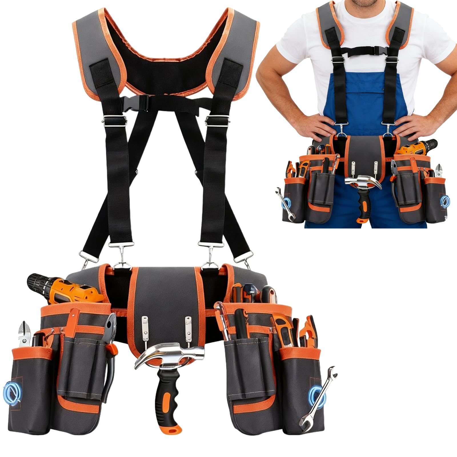 Cintura portautensili con 26 tasche, tasche magnetiche per attrezzi da uomo, tasche rimovibili per attrezzi per artigiani elettricisti idraulici