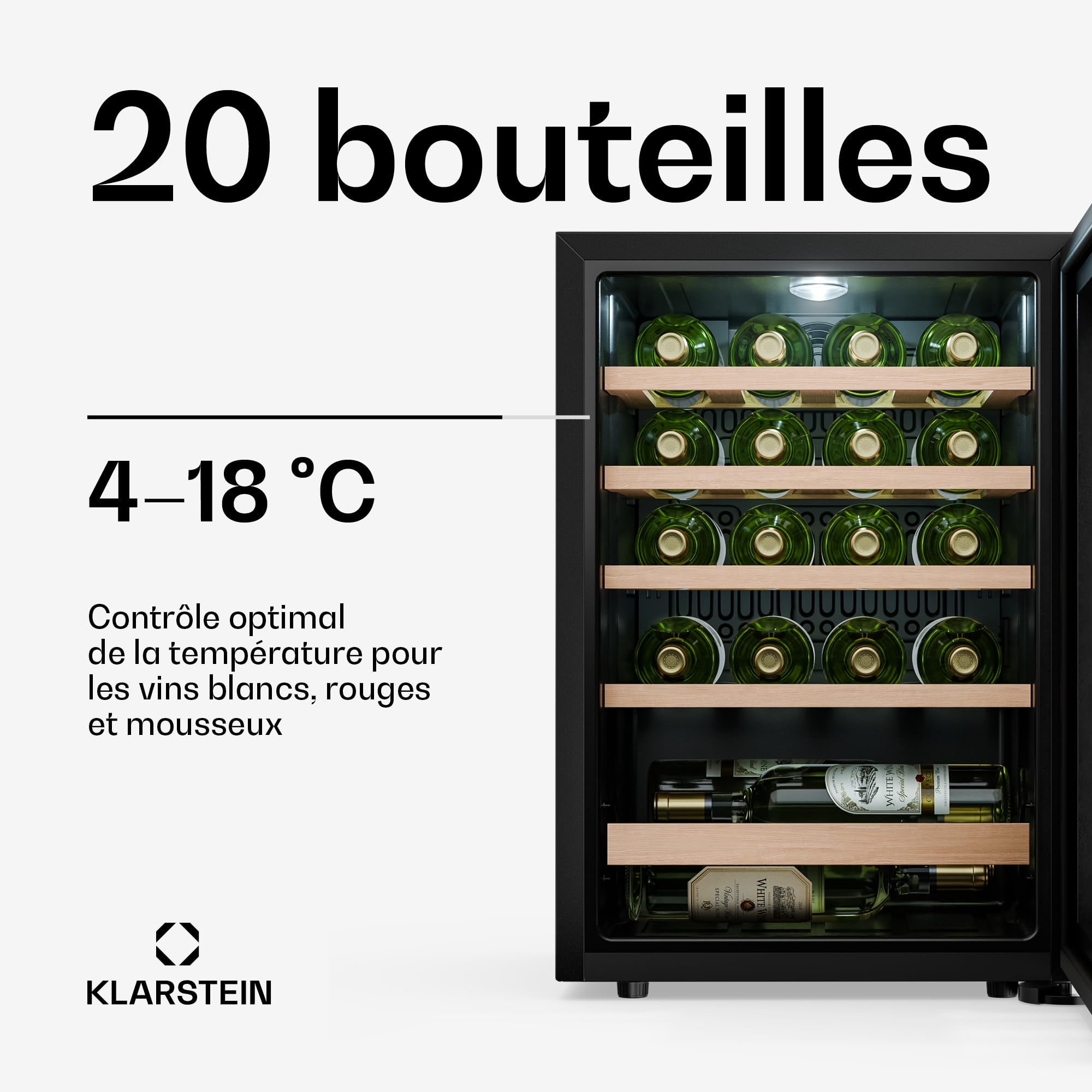 KLARSTEIN Bevora Réfrigérateur à vin 20 bouteilles – Cave à vin sur pied, commande tactile 4-18 °C, porte vitrée anti UV, éclairage LED, clayettes en bois