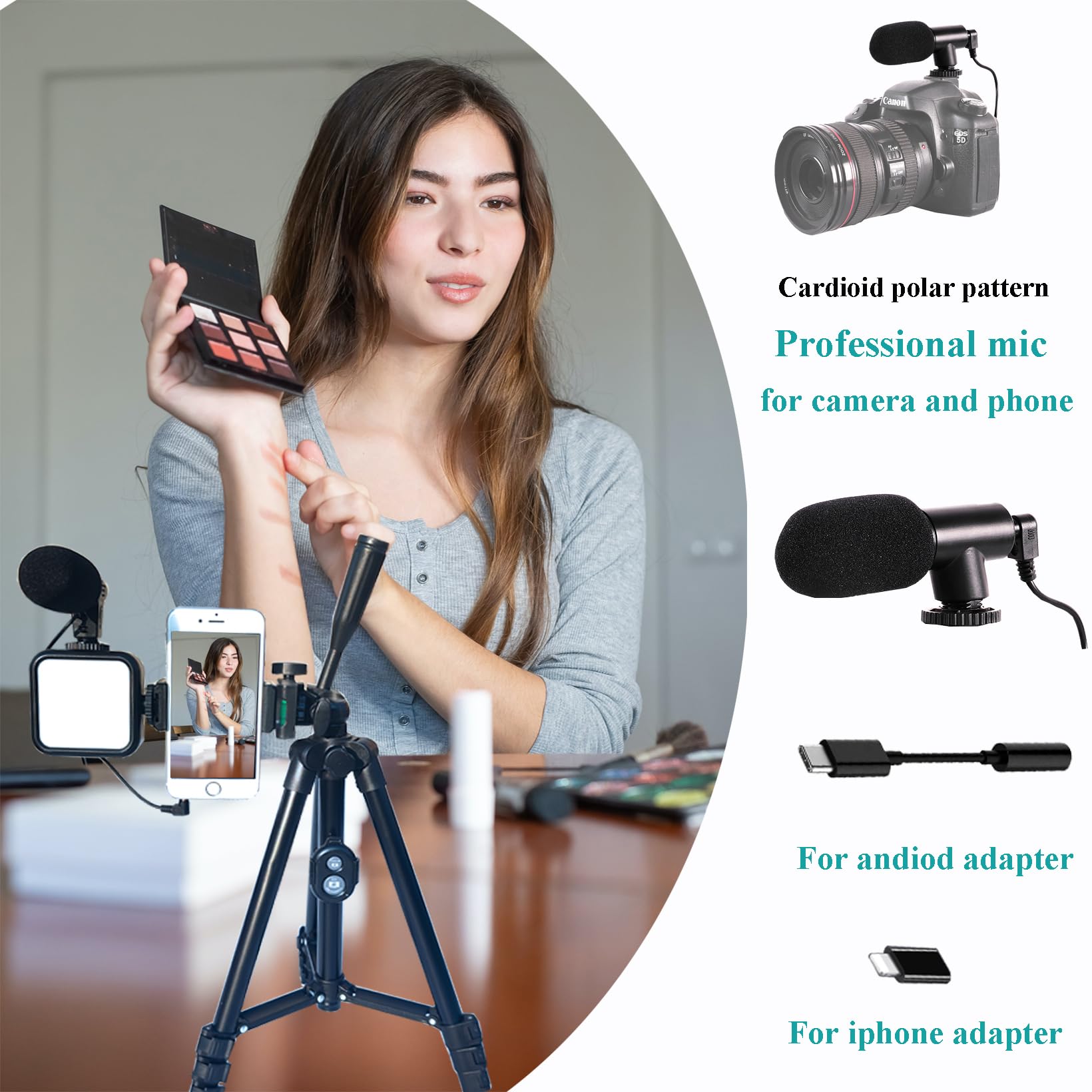 Kit di vlogging per iPhone, kit di vlogging per telefono Android, YouTube Starter Kit con due treppiedi luce microfono telecomando e adattatore jack