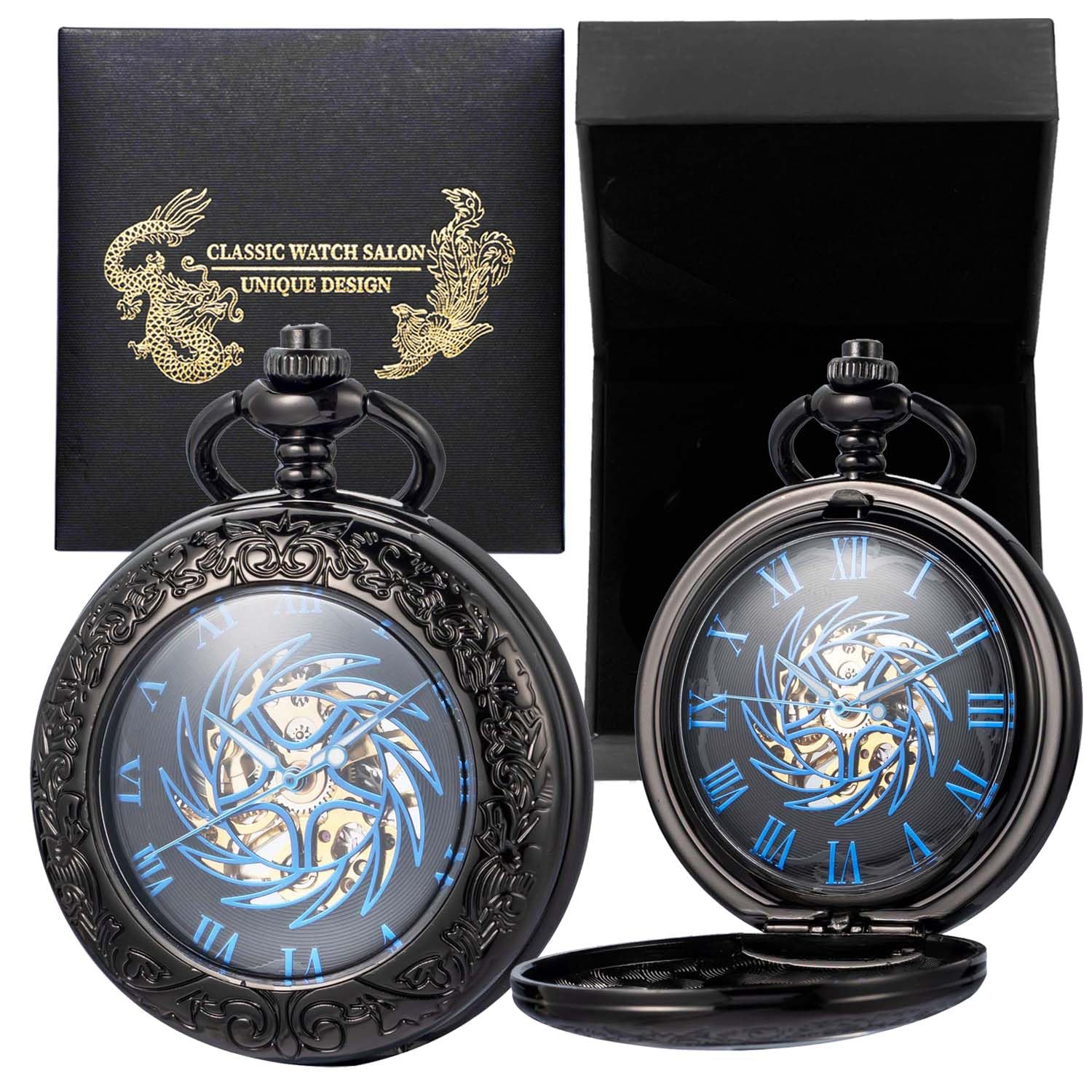 Orologio da tasca meccanico serie Sun-God-Bird, nero, per uomo e donna, lente d'ingrandimento speciale, mezza cassa incisa, numeri romani con catena