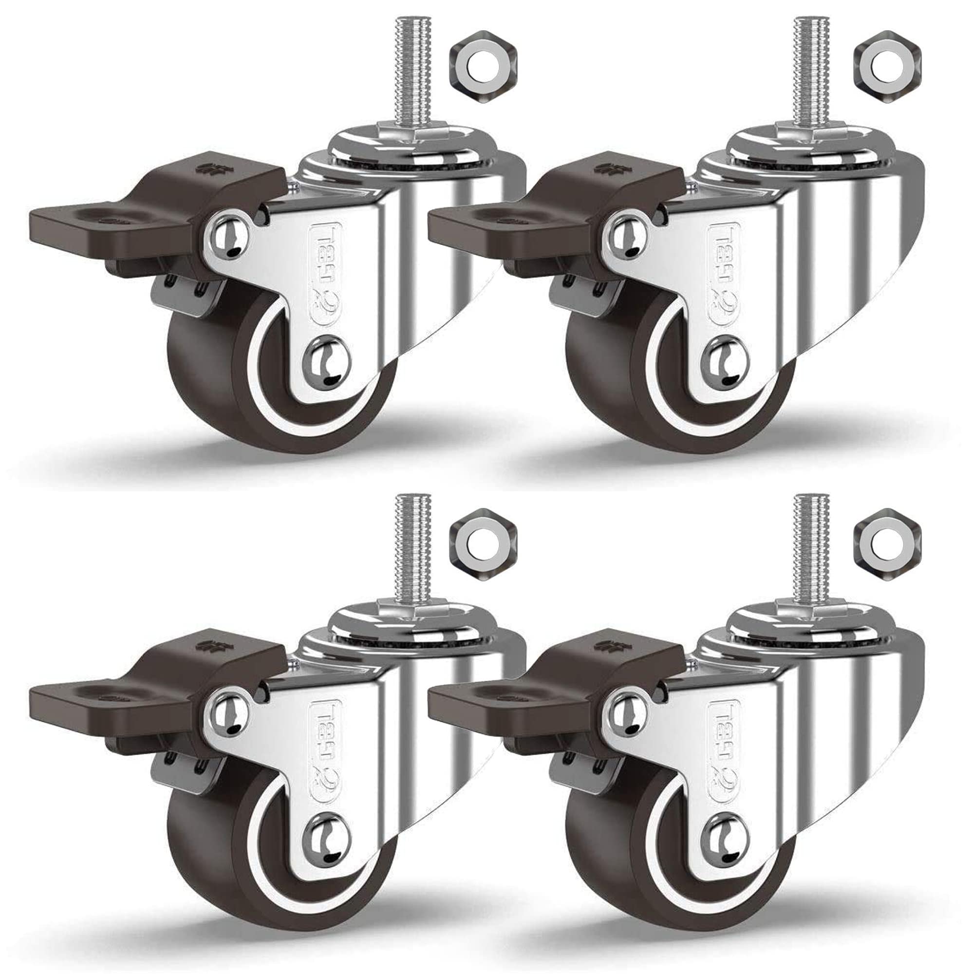 GBLHeavy Duty Swivel Casters with 4 Brakes + Bolts - 25mm M8 x 20mm Up to 40kg - Pack of 4 No Floor Marks Silent Caster for Furniture - Small Rubberized Trolley Wheels - Silver Casters