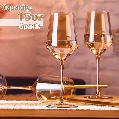 Miniatura 2 de Physkoa Juego de copas de vino ámbar de 6 a 15 onzas sopladas a mano, copas de vino de tallo largo, copas de vino únicas, regalo para bar, fiesta,