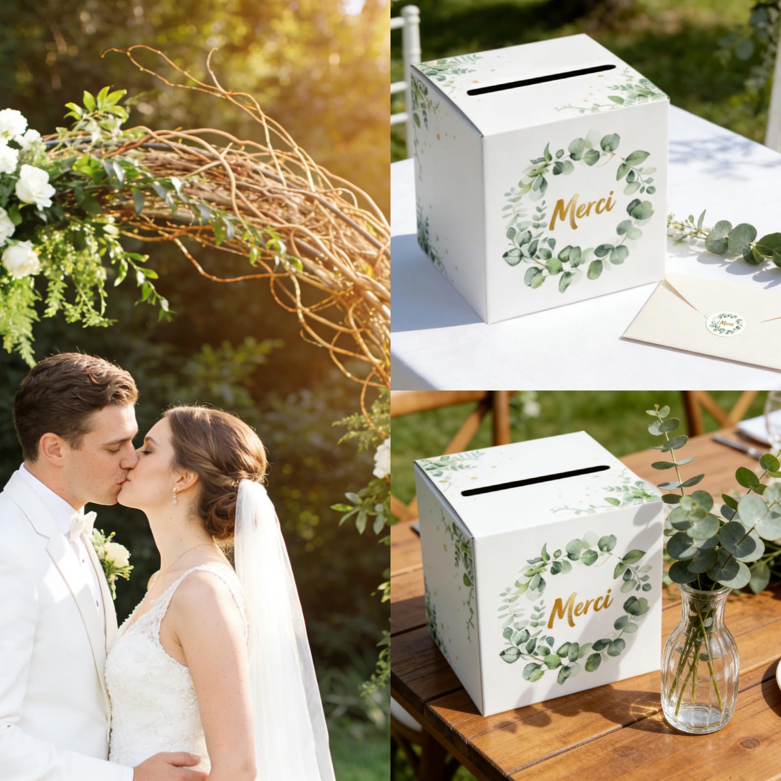 Caja de tarjetas de boda +30 piezas gracias pegatina, urna boda cartón blanco, caja de sobres de tarjetas, para boda, bautizo cumpleaños (22 cm)