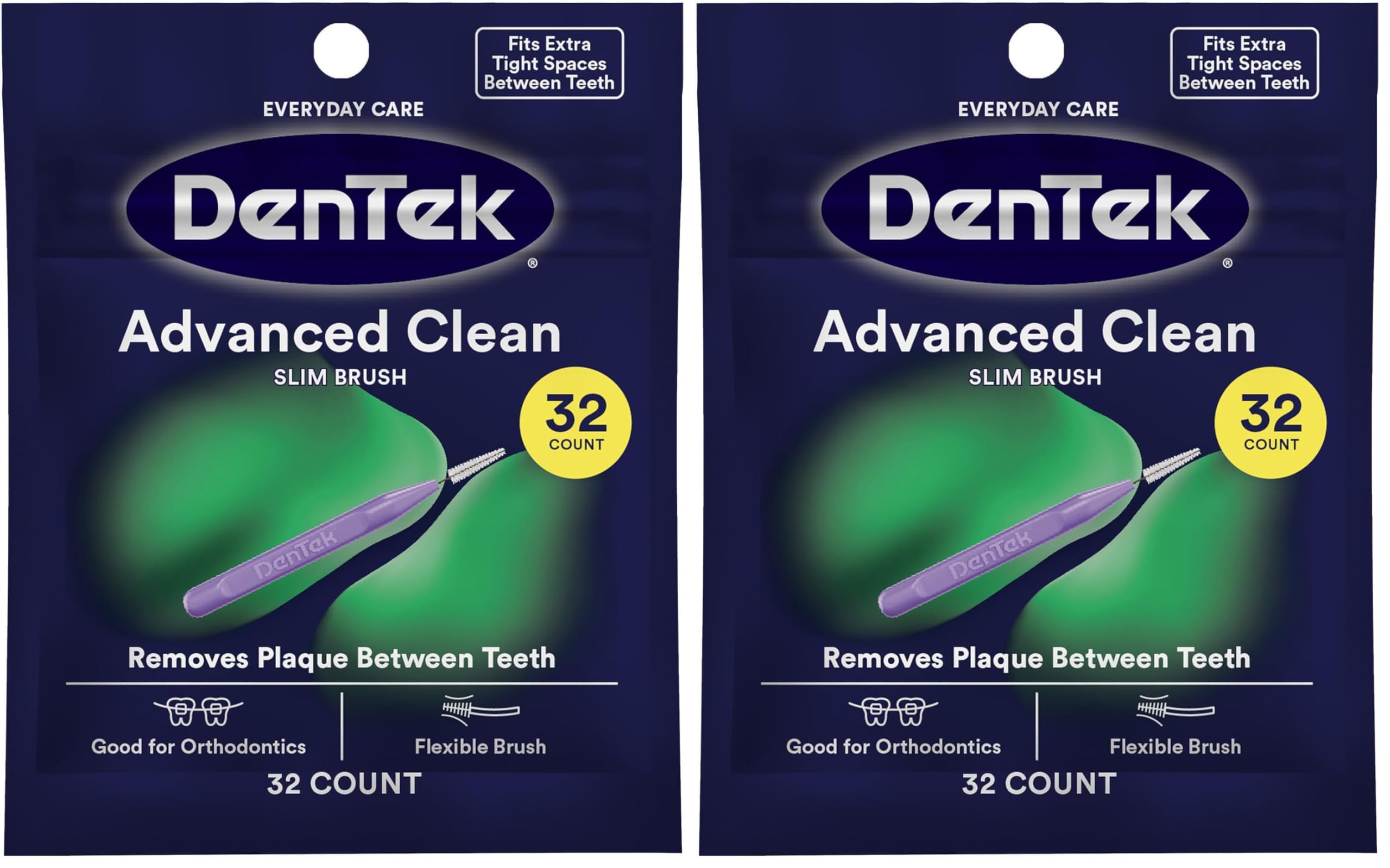 dentek slim brush advanced clean,interdental brushes for cleaning between tight teeth,safe for braces & dental work,32 count (pack of 2)