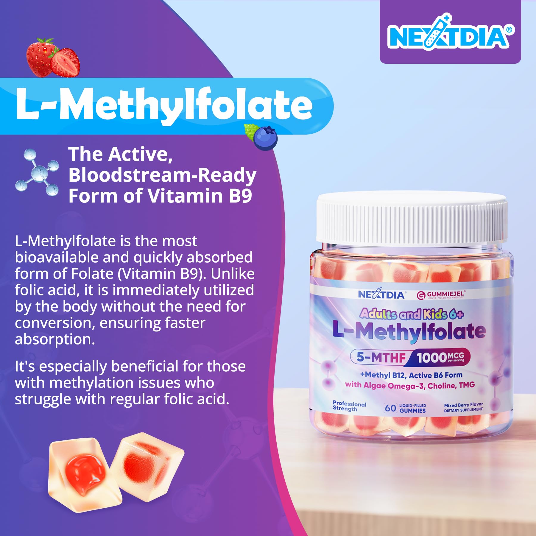 L-Methylfolate 1000mcg Methyl B12 Gummies + Omega-3 for Kids & Adults, 60Ct — Amazon image 8