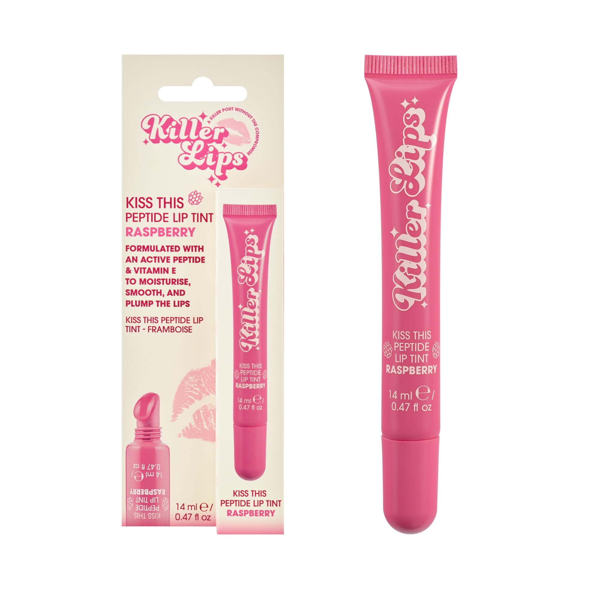 Killer Lips Kiss This Peptide Lip Tint - Raspberry 14ml Peptide-Powered Rosy Pink Lip Tint with Vitamin E, To Smooth & Hydrate for Soft, Kissable Lips, Raspberry Scented
