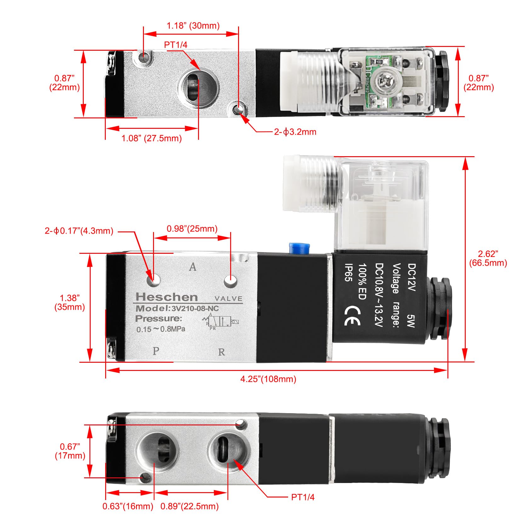 Heschen Elektryczny pneumatyczny zawór elektromagnetyczny 3V210-08 PT1/4 3/2-drożny (DC 12 V)