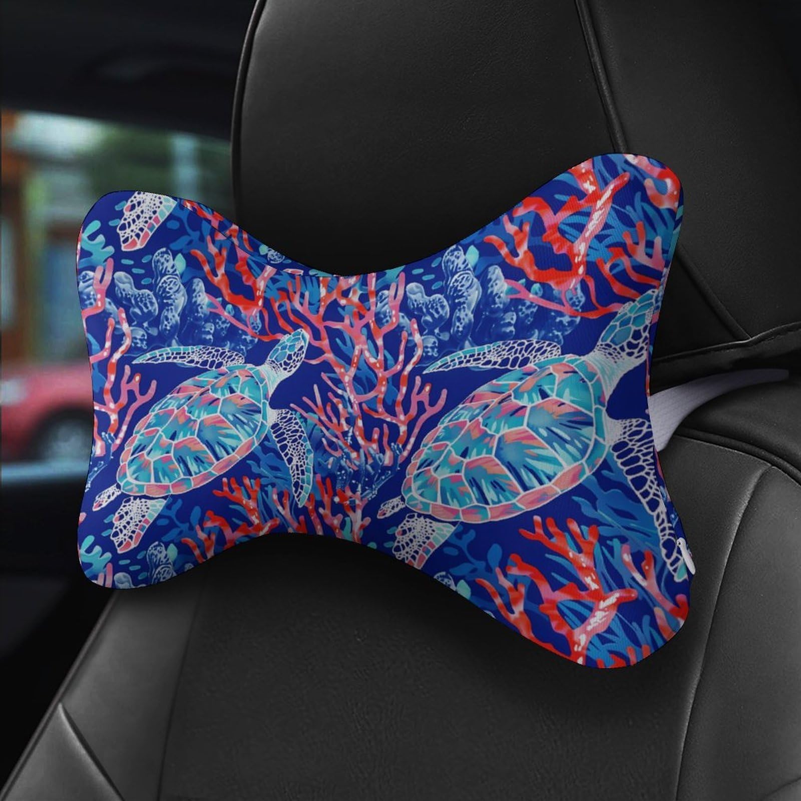 Floral Sea Turtles Car Neck Pillow Set of 2 Car Seat Head Support Cushion Bone Pillows with Elastic Strap