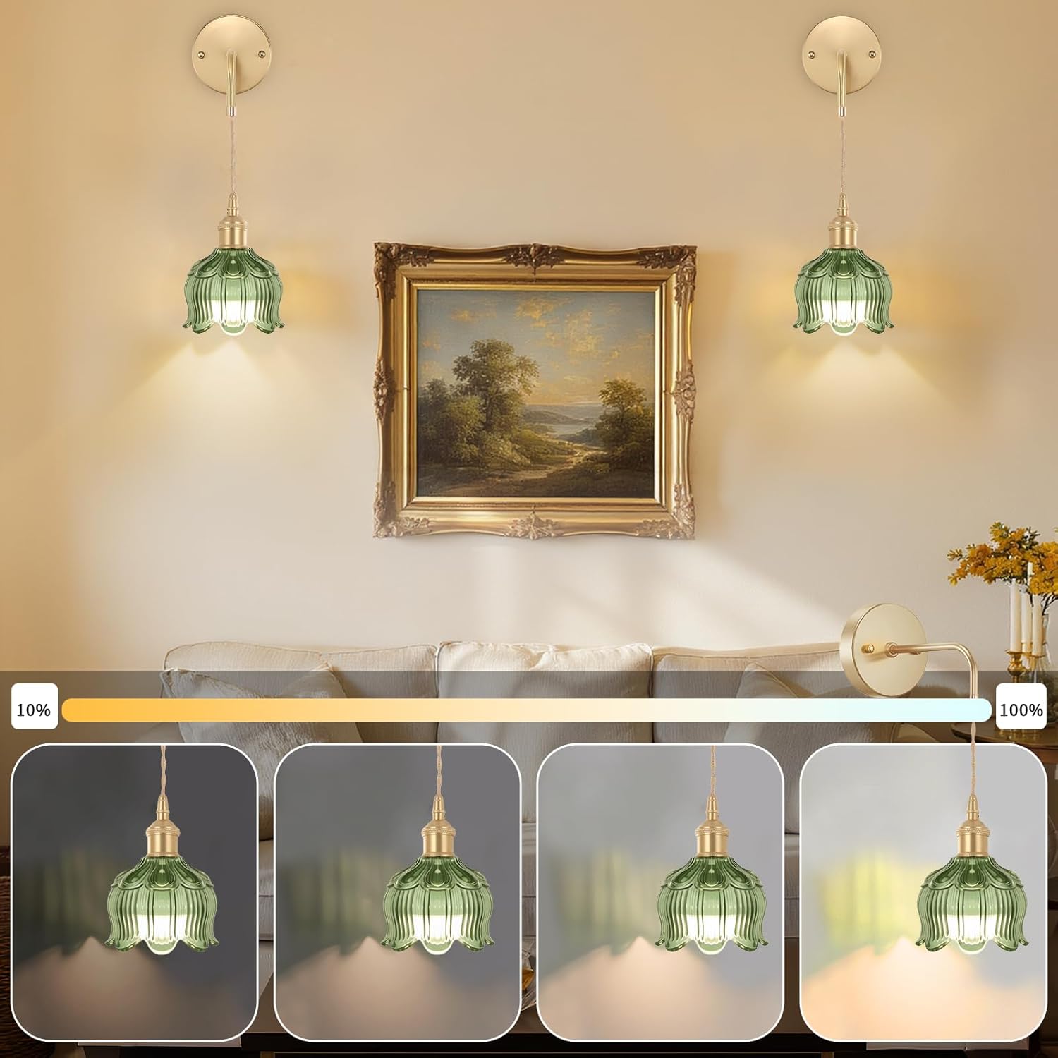 Battery Operated Wall Sconces CCT Dimmable Wireless Sconces Set of 2, Vintage Light Fixture with Green Flower Glass Lampshade Wall Decor Set of 2 for Living Room Bedroom Bedside Bathroom