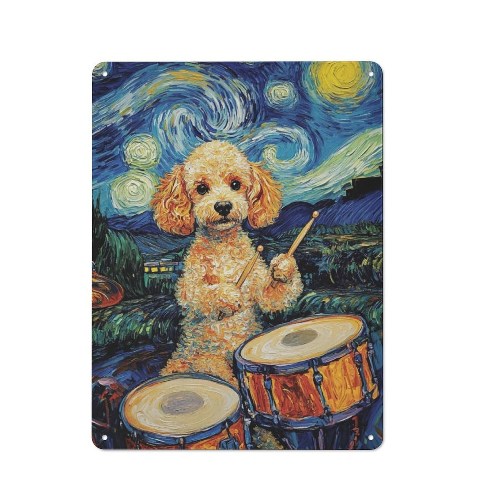 Junmoney Dog Drummer Starry Night Rustic Tin Sign 40X30cm For Man Cave Or Games Room, Housewarming Present For People Styling Man Cave And Games Room