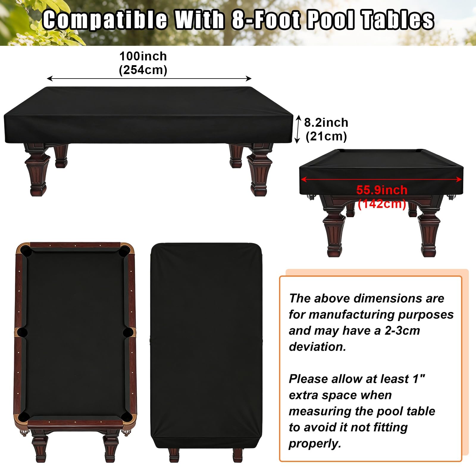 XhuangTech Housse de protection en tissu 210D pour table de billard, avec cordon de serrage réglable, imperméable, résistante à la poussière et aux rayures, pour terrasse (254 x 142 x 21 cm)