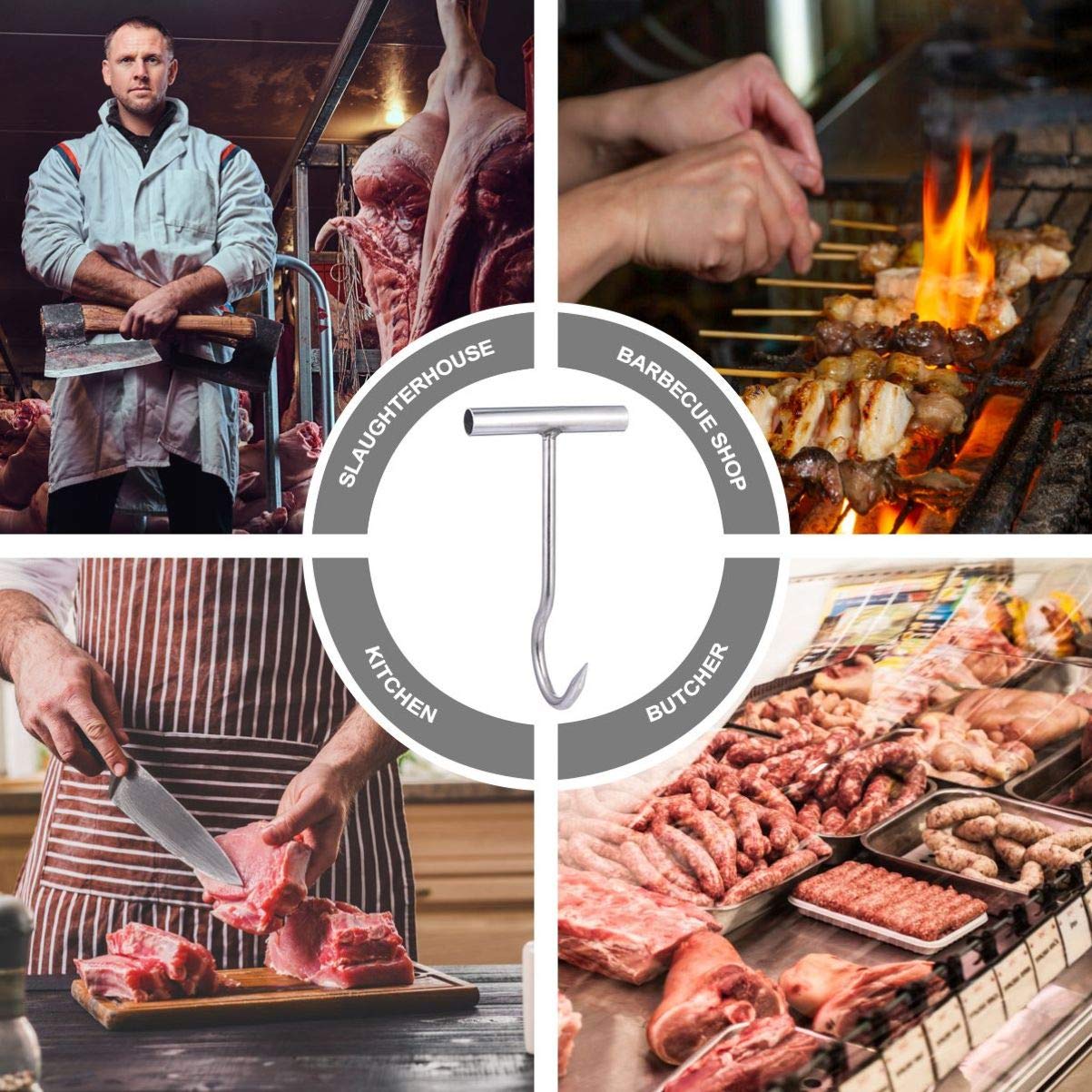 iplusmile Stainless Steel Meat Hook - à viande - de boucher - En acier inoxydable - en T - Avec poignée - réversible pour rôtir - Outil de barbecue - Argenté