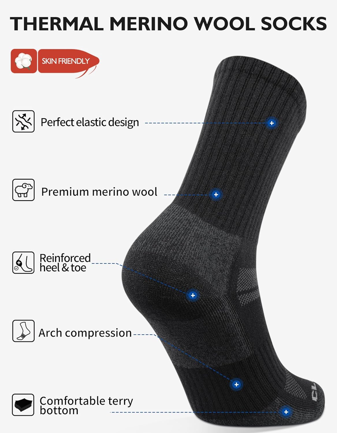 CLOSEMATE Mens Merino Wool Winter Thermal Crew Socks Cushioned Anti Blister Moisture Wicking for Hiking Sports 3 Pairs - Image 4