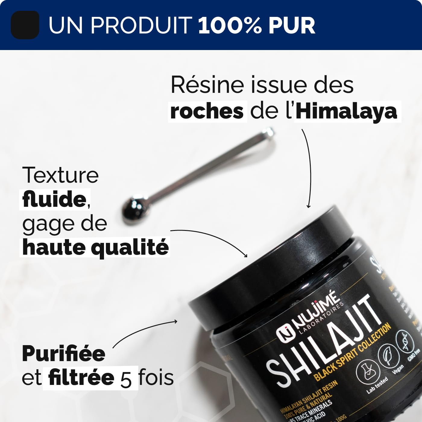Shilajit del Himalaya 100G + Cuchara incluida | Resina Pura | 85% de ácido fúlvico, Alta Concentración | Vegano, sin OGM, sin Aditivos | Probado en Laboratorio