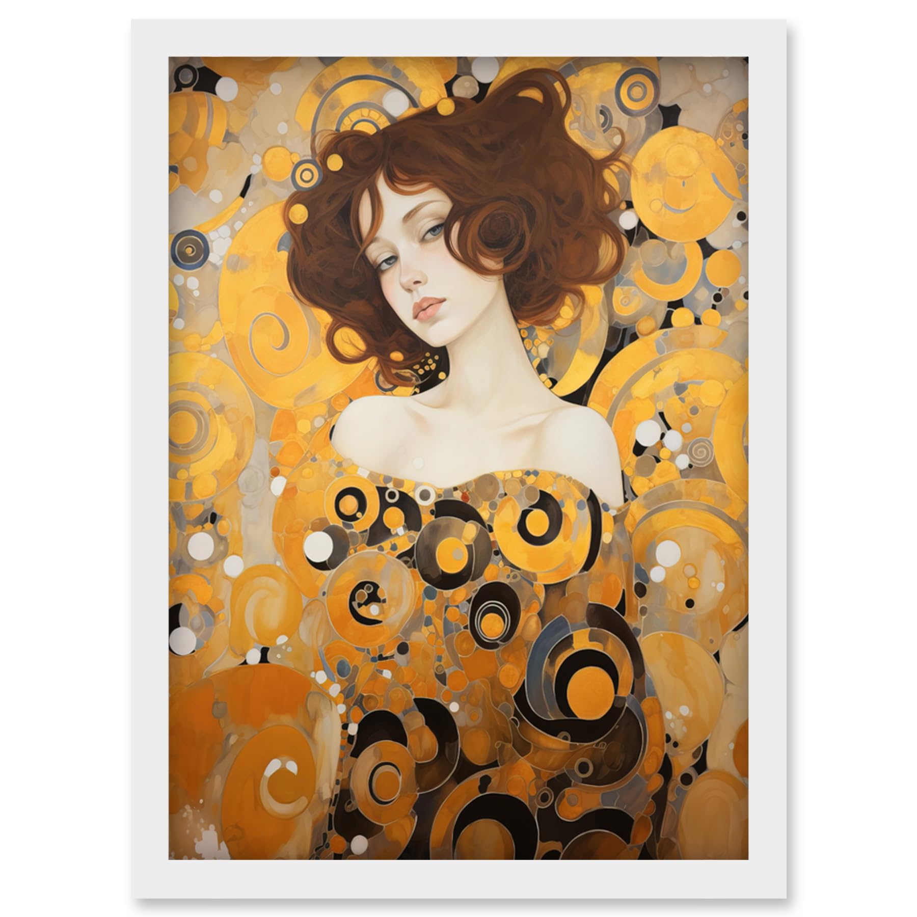 Artery8 Woman Portrait Gustav Klimt Style Oil Painting Gold Brown Artist Muse Art Nouveau Artwork Framed Wall Art Print A4