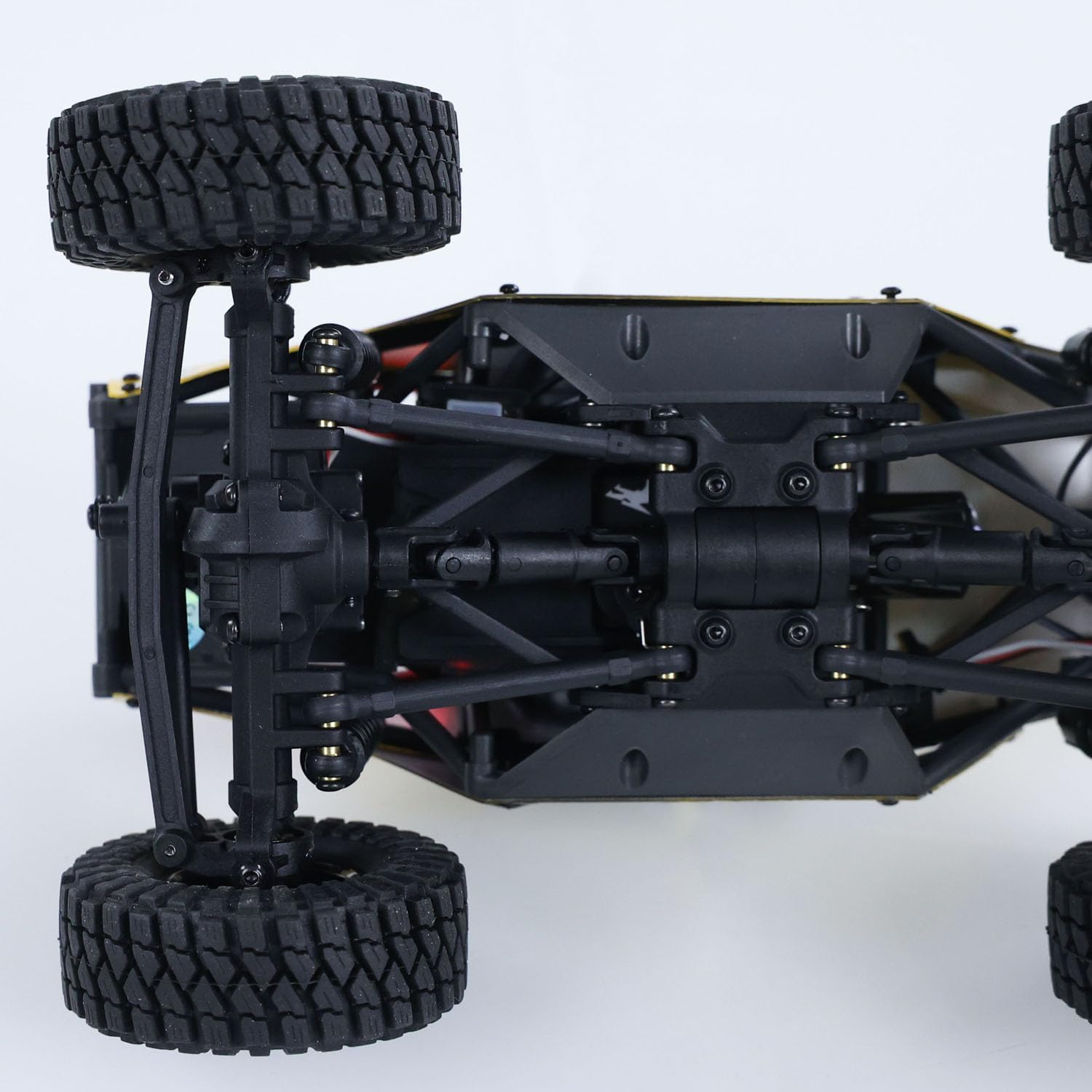 Underbody view showing suspension and drivetrain