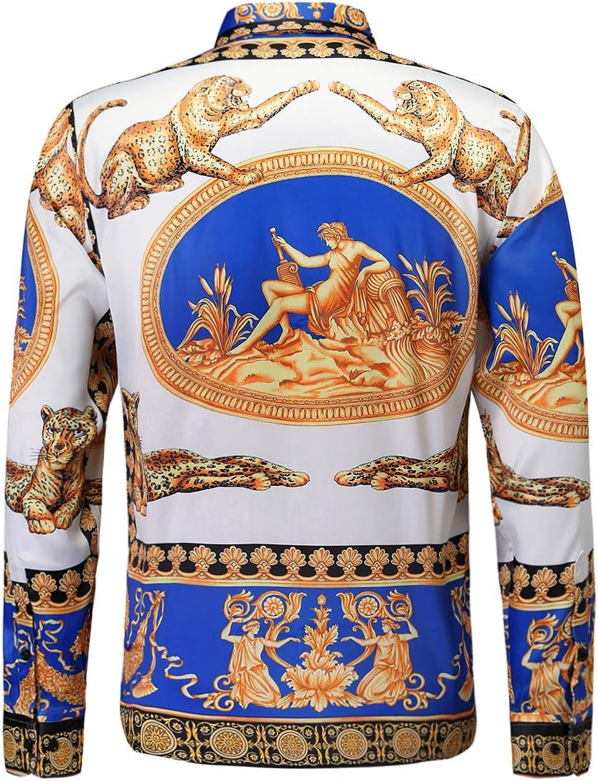 Mens Luxury Brand Printed Silk Like Satin Button Down Dress Shirt for Party Prom Long Sleeve Slim Fit Floral Nightclub Shirt - Image 3