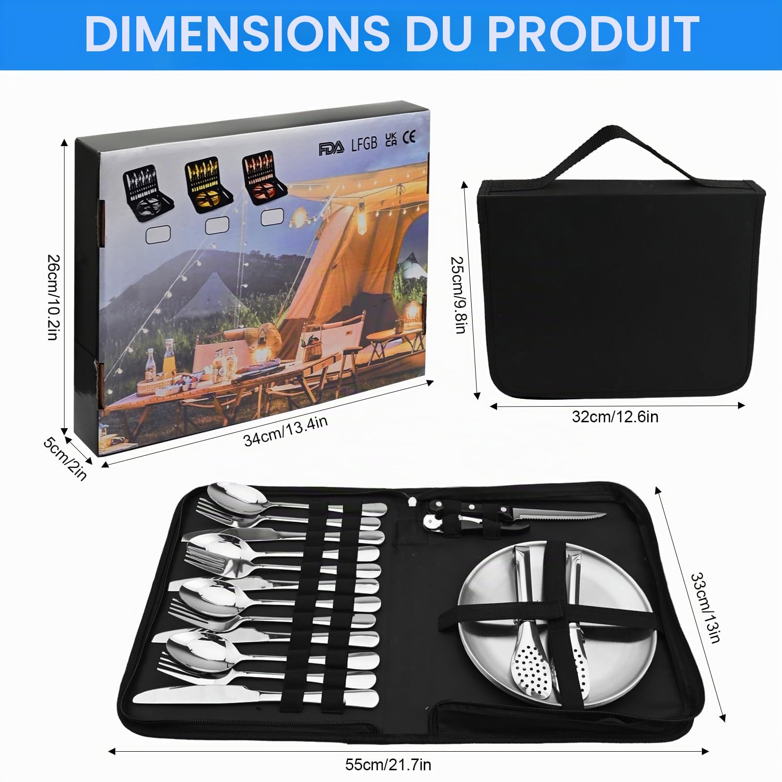 Set De Couverts De Camping 4 Personnes Vaisselle INOX Camping 20 Pièces Vaisselle D'extérieur Camping Ensemble De Vaisselle pour La Randonnée, l'escalade,Barbecues, Le Plein Air