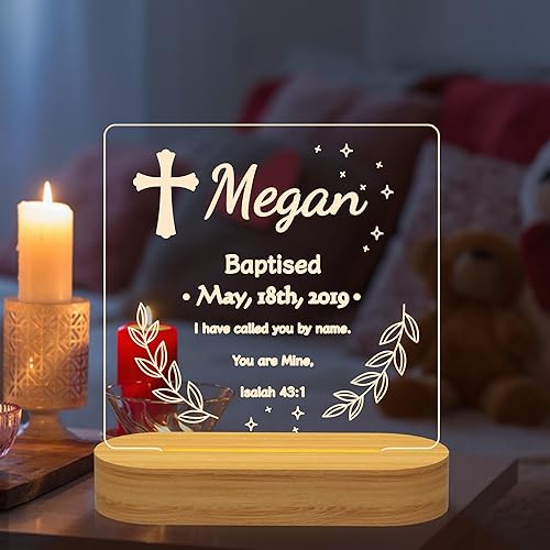 Miniatura 5 de YuanDian Regalo de bautismo personalizado para niños, lámpara de madera con cruz de bendición para niños, decoración USB para dormitorio, regalo de