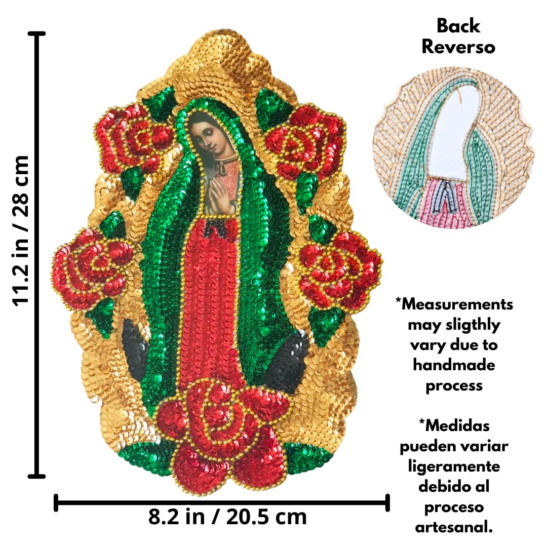 Our Lady Of Guadalupe Sequin Patch - Handmade Embroidered Applique With Red Rose, For Jackets & DIY