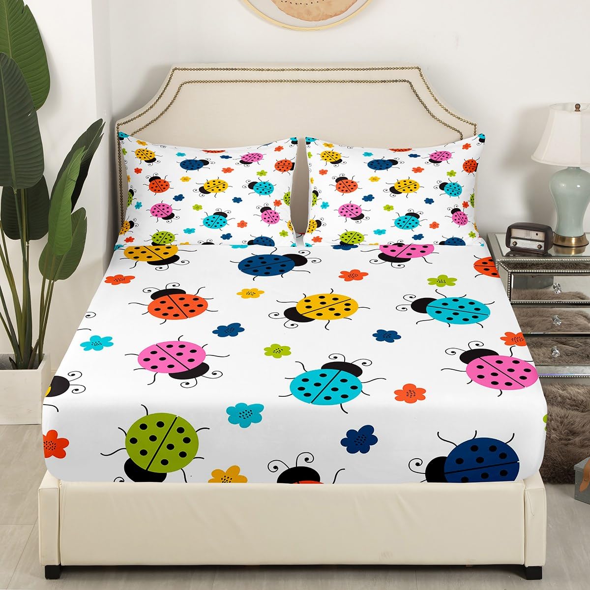 Castle Fairy Set di biancheria da letto per bambini e ragazzi, motivo coccinella, motivo floreale ad acquerello e animali, lenzuolo con angoli, decorazione entomologica, 2 pezzi, 1 copripiumino e 1
