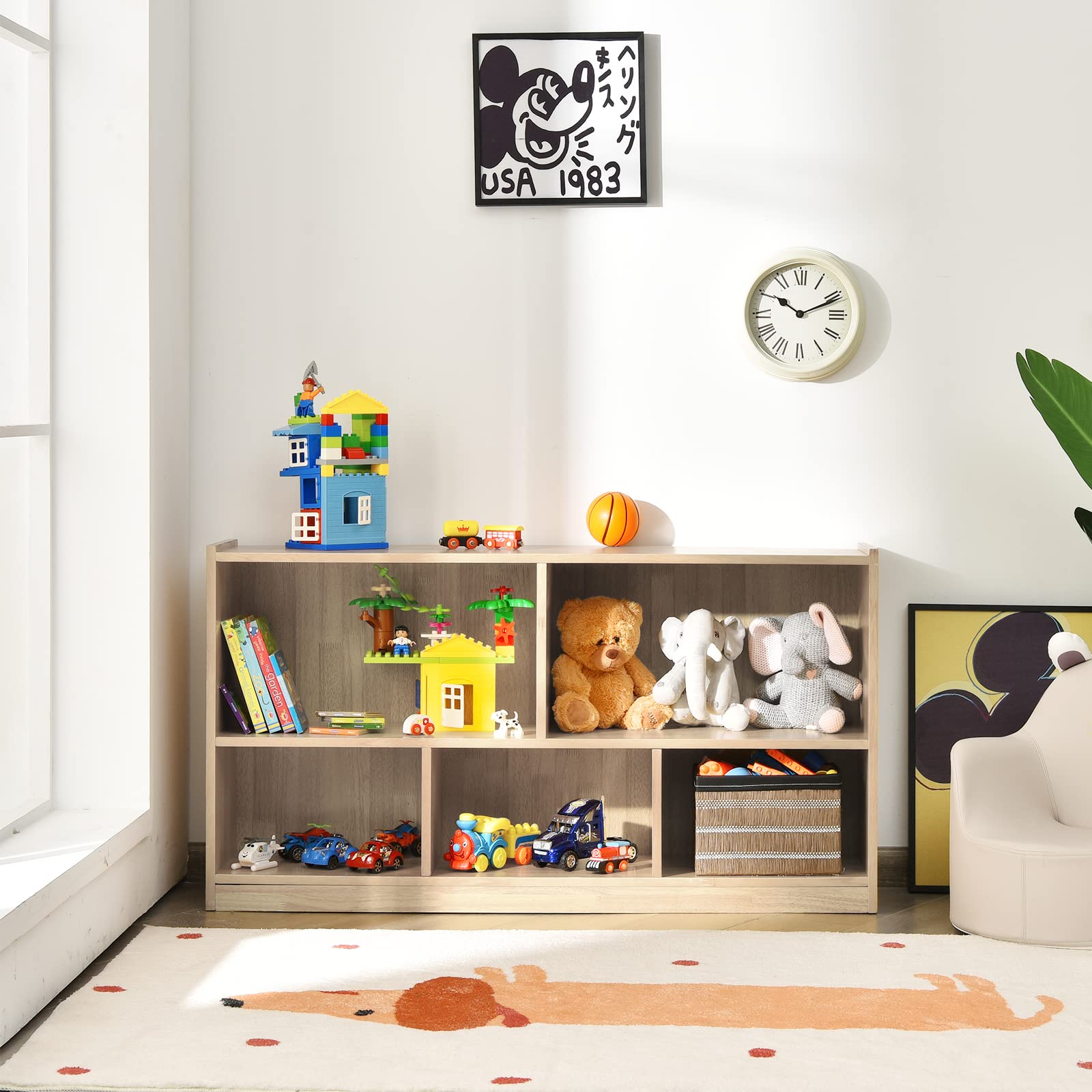 COSTWAY Libreria per Bambini e Organizer Giocattoli, Scaffale di Legno Con 5 Scompartimenti, Per Stanza dei Giochi Camera Dei Bambini Angolo di Lettura Classe Scuola Materna (Naturale)
