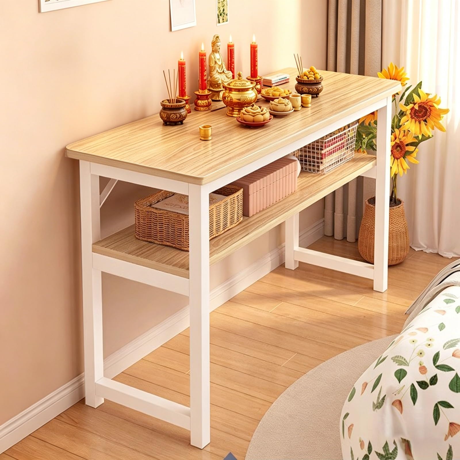 JNTFNE Prayer Meditation Table, Shrine Stand with Storage, Layered Buddha Altar Offering Pooja Metal Frame, for Living Room Bedroom Office, Temple(Wood 2,100cm/39.4in)