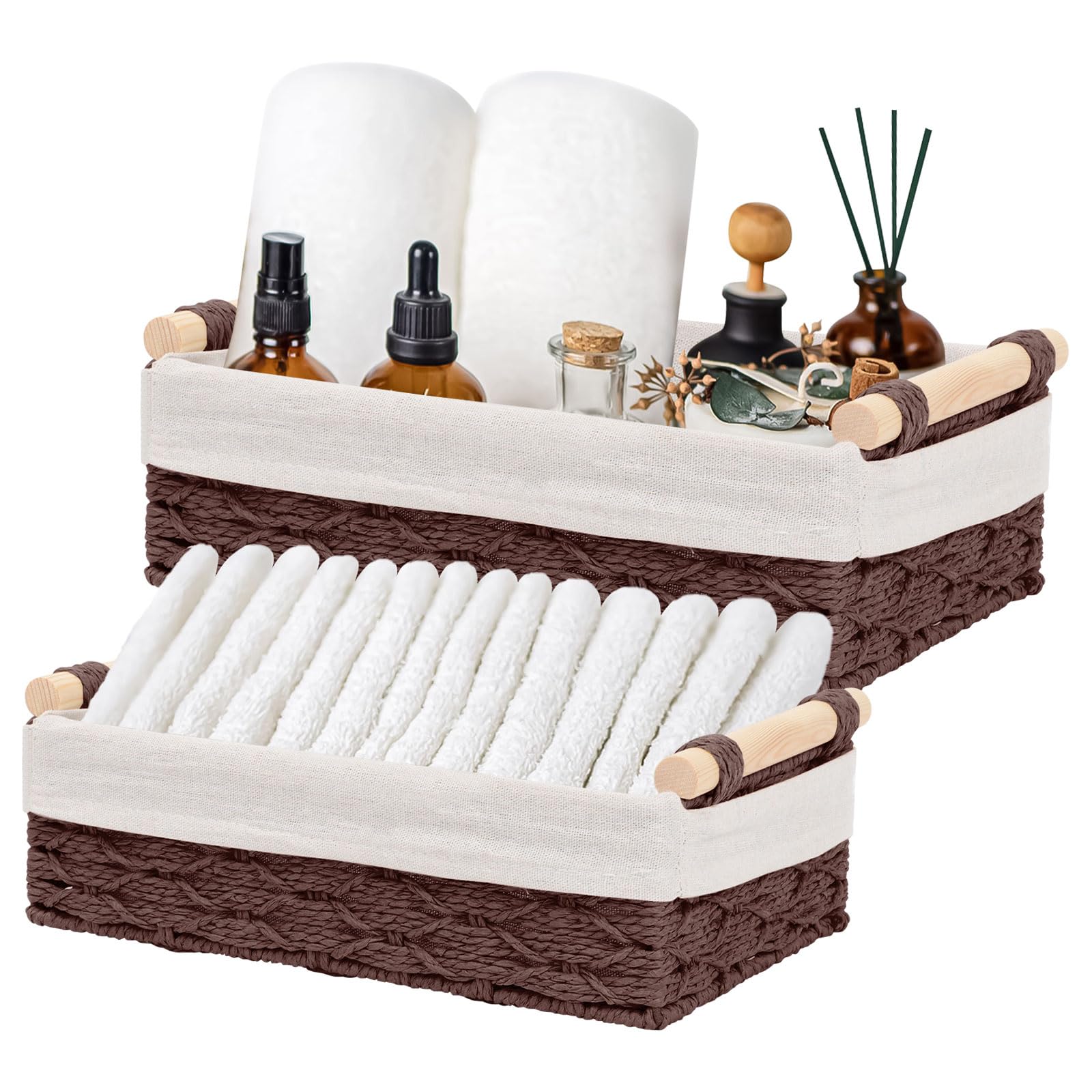 Cestini Bagno Portaoggetti, Set di 2 Cesto Portaoggetti Intrecciato con Maniglia, Cestino Vimini Piccolo, Scatola di Stoccaggio del Bagno, Impilabile, Adatti per Bagno, Camera da Letto e Armadi