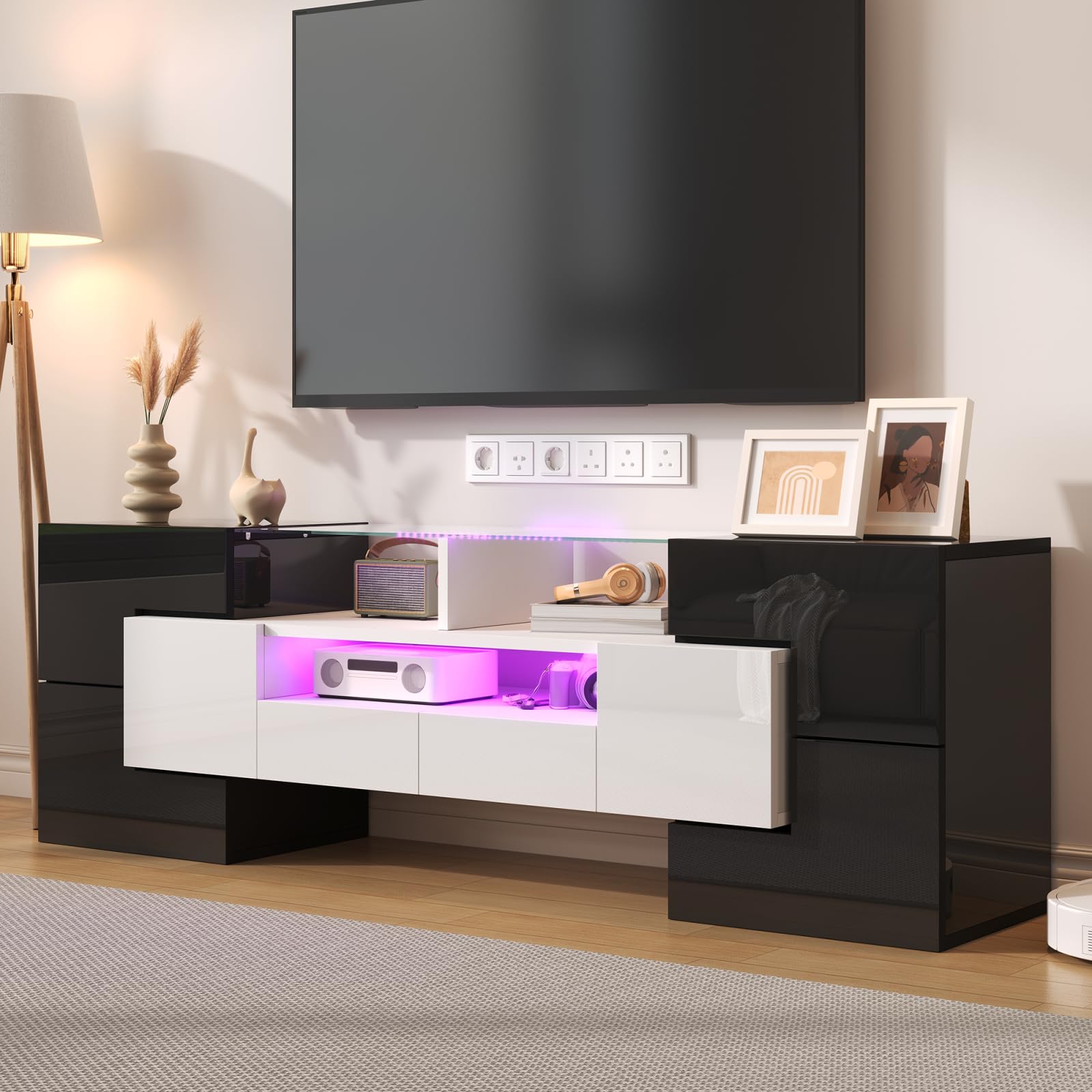 Moderner LED TV-Schrank für Fernseher bis 65 Zoll, Fernsehschrank mit 6 Schließfach, 2 Schubladen,Fernsehtisch mit Glastischplatte, Hochglanz TV Lowboard für Wohn- und Esszimmer (Schwarz + Weiß)