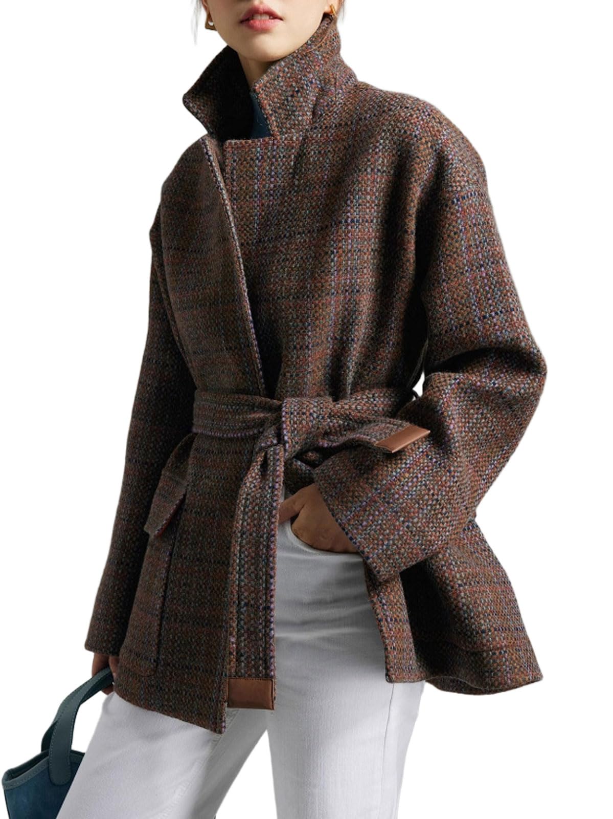 CHARTOU Womens Open Front Wool Coat Winter Belted Plaid Stand Collar Herringbone Blazer Jacket with Pockets