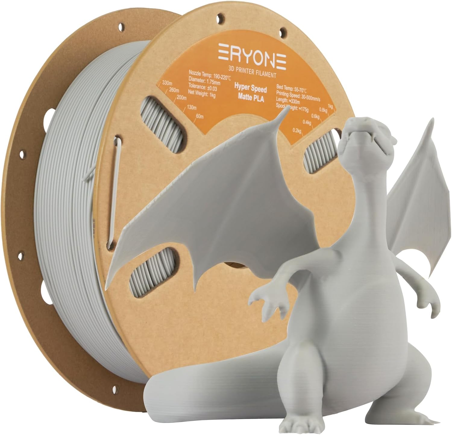 ERYONE High Speed Matte PLA Filament 1.75mm +/- 0.03mm, 30-500mm/s Rapid 3D Printing PLA Filament, Hyper Speed Matte PLA Filament Fit Most FDM Printer, 1kg (2.2LBS) / Spool, Light Grey