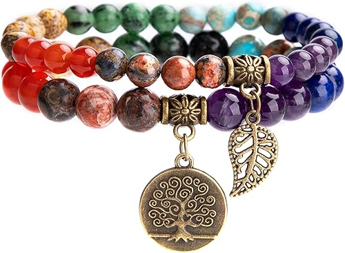 Bivei Pulsera de cuentas de piedras preciosas semipreciosas naturales para mujer, pulseras elásticas de cristal Reiki con dije de árbol y hoja de la
