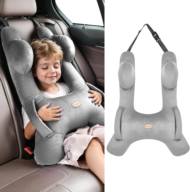 Kids Travel Pillow, Car Sleeping Travel Pillow for Kids, Washable H-Shaped Pillow for Adults and Children to Support Head and Body for Road Trips Pillow for Car (Grey)