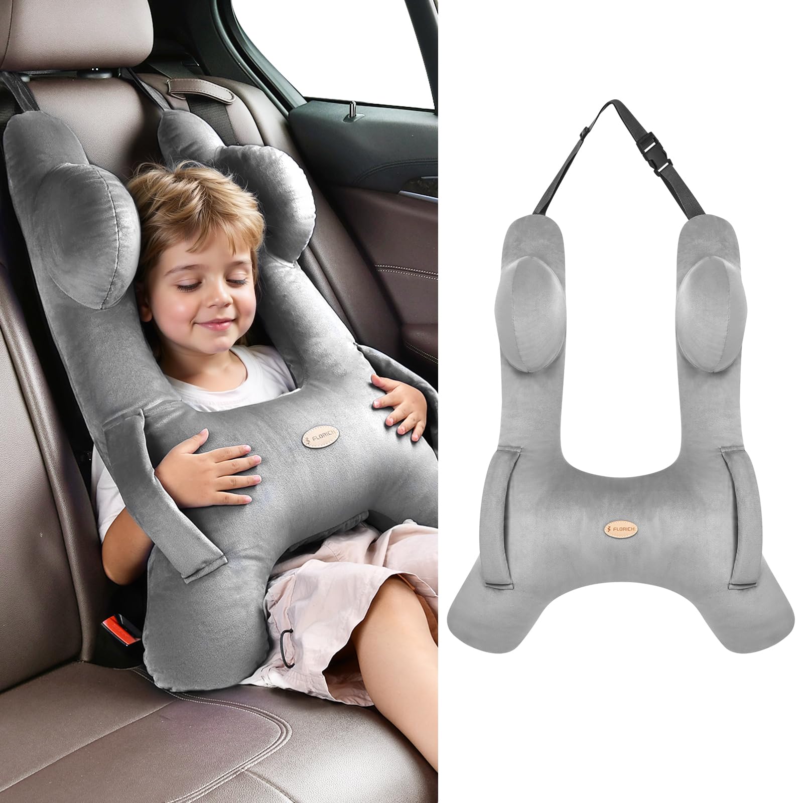 FLORICH Kids Travel Pillow, Car Sleeping Travel Pillow for Kids, Washable H-Shaped Pillow for Adults and Children to Support Head and Body for Road Trips Pillow for Car (Grey)