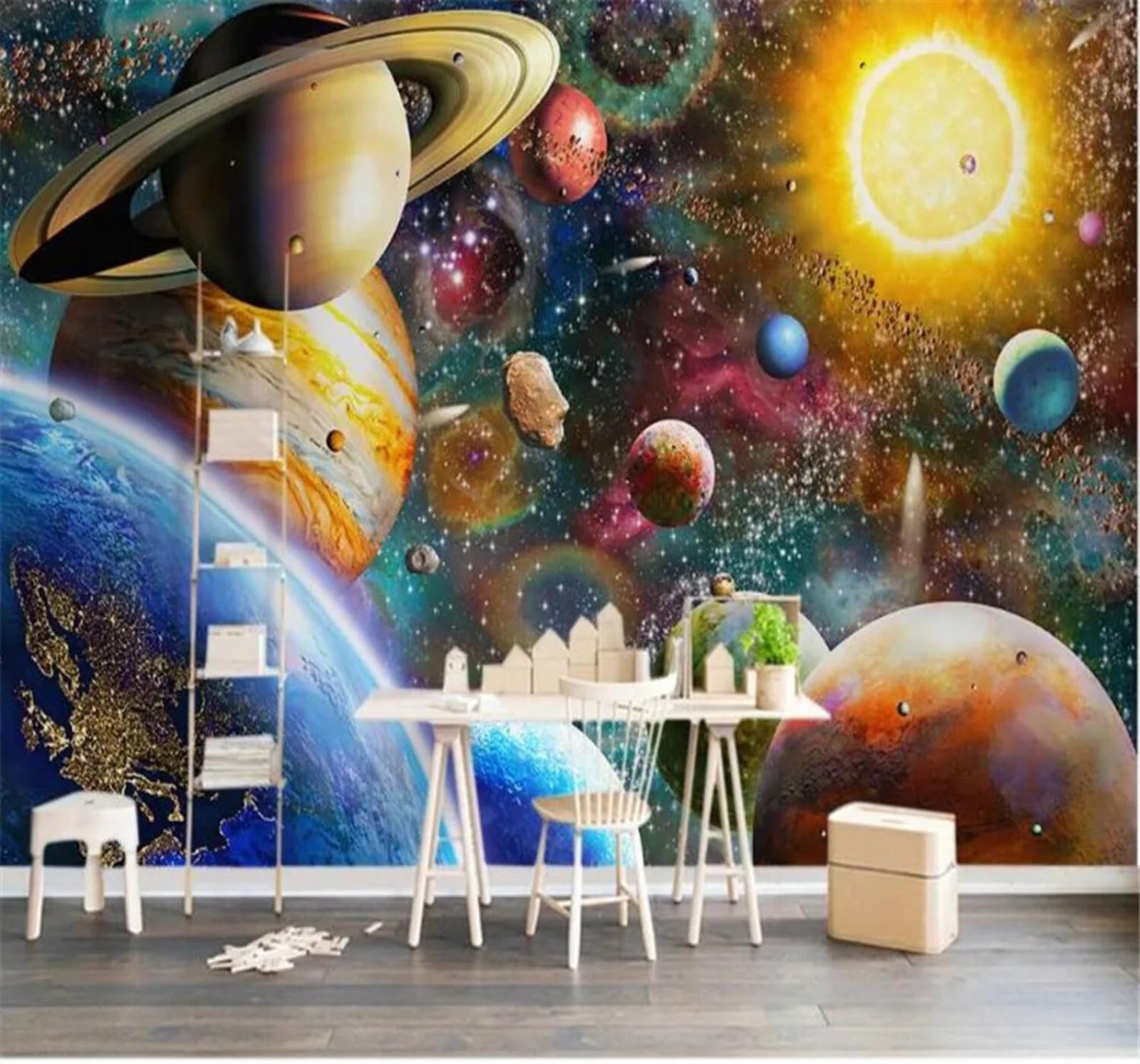 Tzxztt 350Cm×256Cm(B×H) Beautiful Three Dimensional Cartoon Space Universe Planet Modern 3D Wallpaper Premium Textured Silk Neutral Tones Material Ideal For Living Room Bedroom-350Cm×256Cm