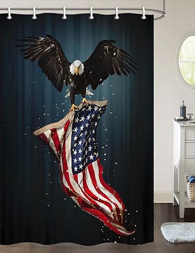Vista 2 de Cortina de ducha con la bandera estadounidense, 4 de julio, Día de la Independencia del Águila Calva, Estados Unidos, cortina patriótica con Azul