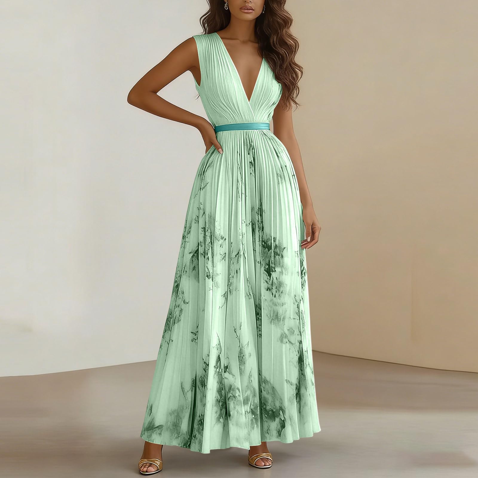 Robe Maxi Femme Imprimé Floral pour Mariage Invitée - Robe de Soirée Longue Col en V Taille Empire - Robes de Plage Bohème sans Manches Chic et Elegant Été