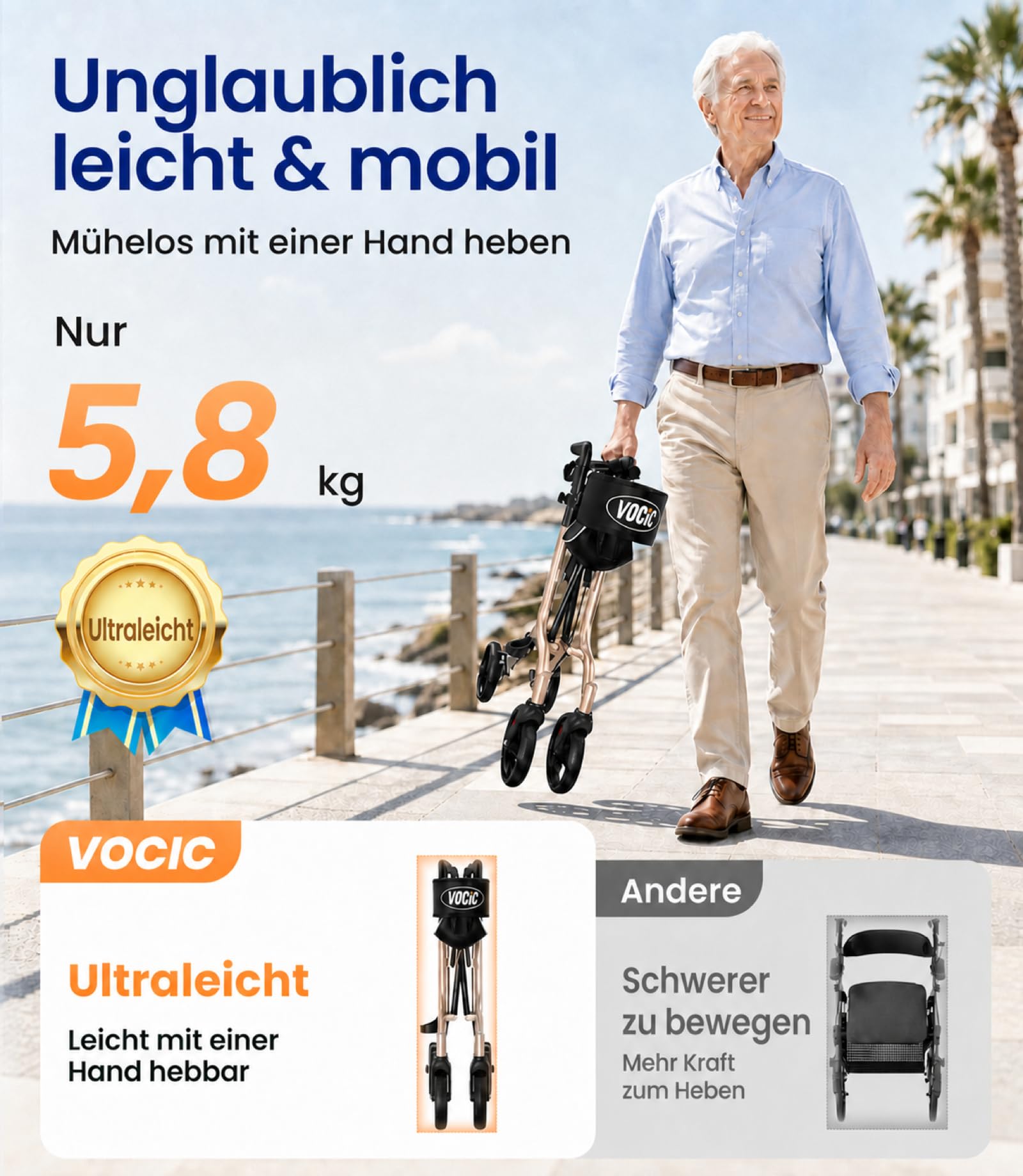 VOCIC Z27 5,8kg Ultraleicht Rollator faltbar leicht mit sitz, aus Aluminium